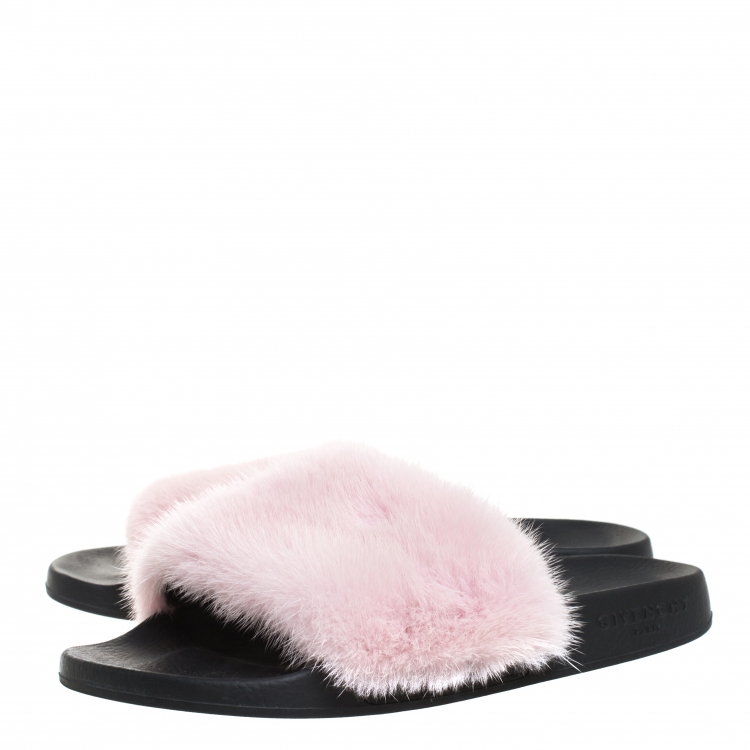 Pre Owned Givenchy Pink Mink Fur Flat Slides Size 38