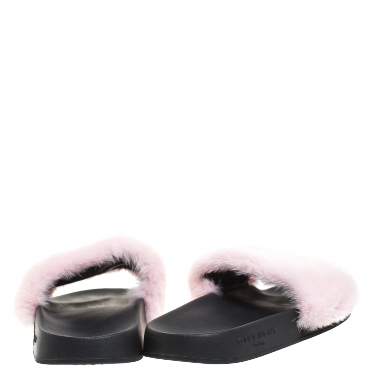 Pre Owned Givenchy Pink Mink Fur Flat Slides Size 38