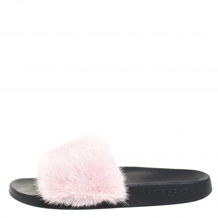 Pre Owned Givenchy Pink Mink Fur Flat Slides Size 38