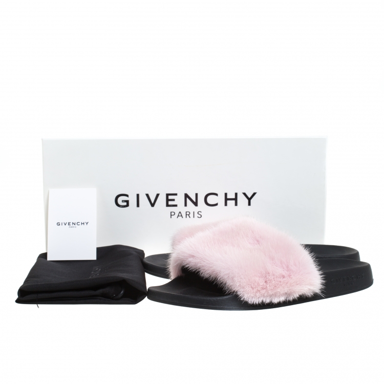 Pre Owned Givenchy Pink Mink Fur Flat Slides Size 38