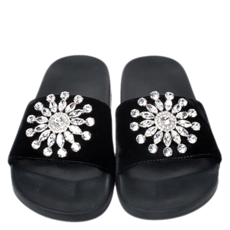 Pre Owned Givenchy Black Velvet Crystal Embellished Pool Slide Sandals Size 36