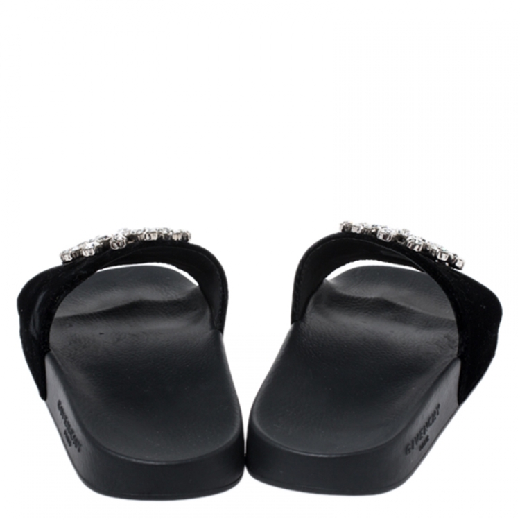 Pre Owned Givenchy Black Velvet Crystal Embellished Pool Slide Sandals Size 36