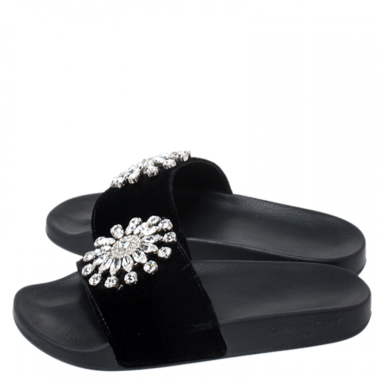 Pre Owned Givenchy Black Velvet Crystal Embellished Pool Slide Sandals Size 36