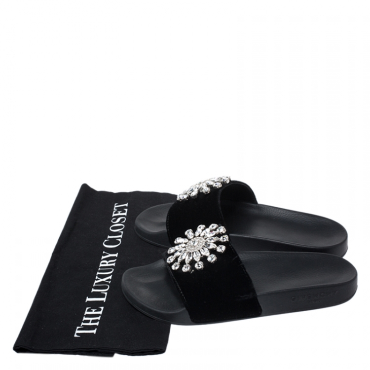 Pre Owned Givenchy Black Velvet Crystal Embellished Pool Slide Sandals Size 36