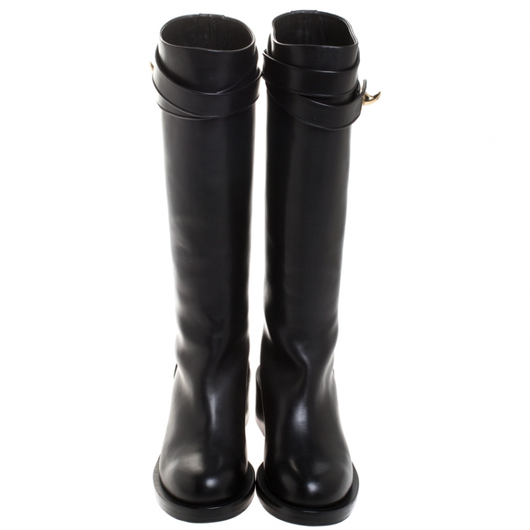 Pre Owned Givenchy Black Leather Shark Lock Knee Length Boots Size 40