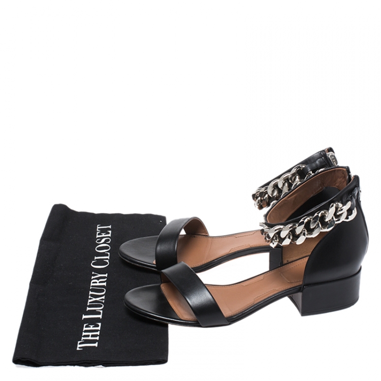 Pre Owned Givenchy Black Leather Ankle Chain Open Toe Sandals Size 39