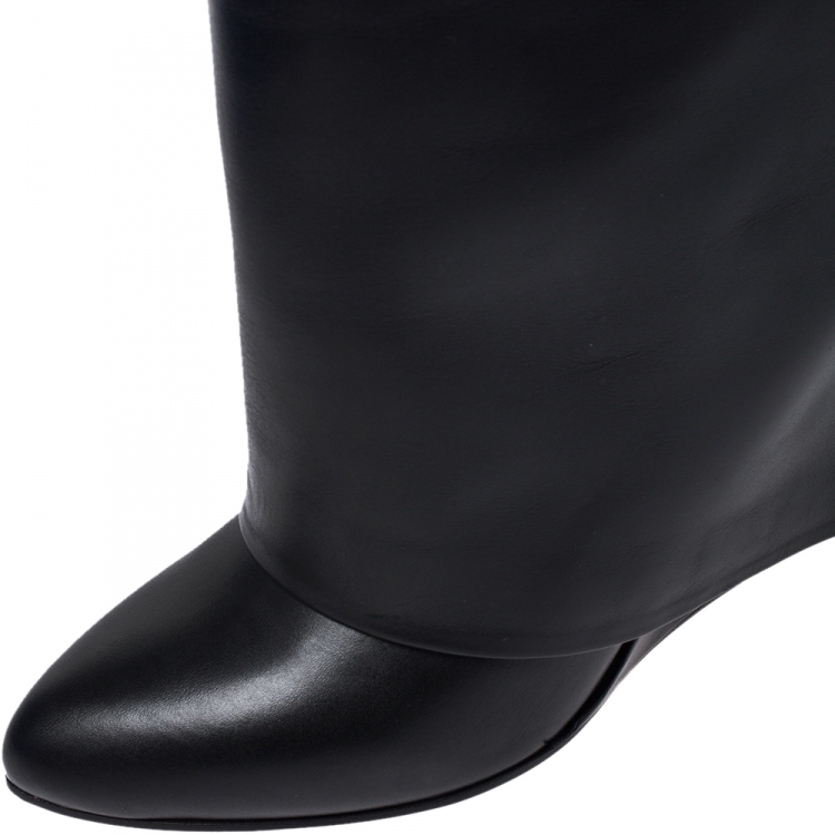 Pre Owned Givenchy Black Leather Shark Lock Wedge Knee High Boots Size 39.5
