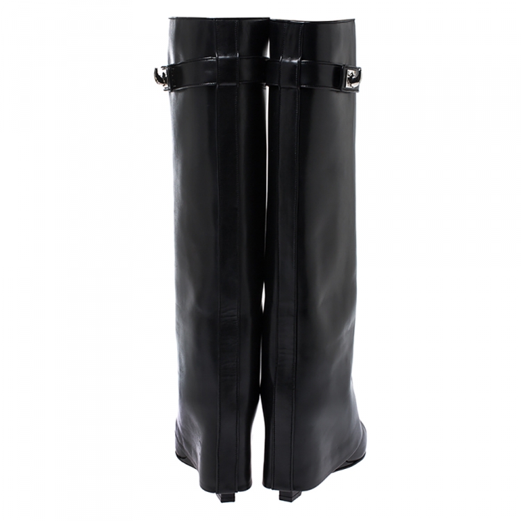 Pre Owned Givenchy Black Leather Shark Lock Wedge Knee High Boots Size 39.5