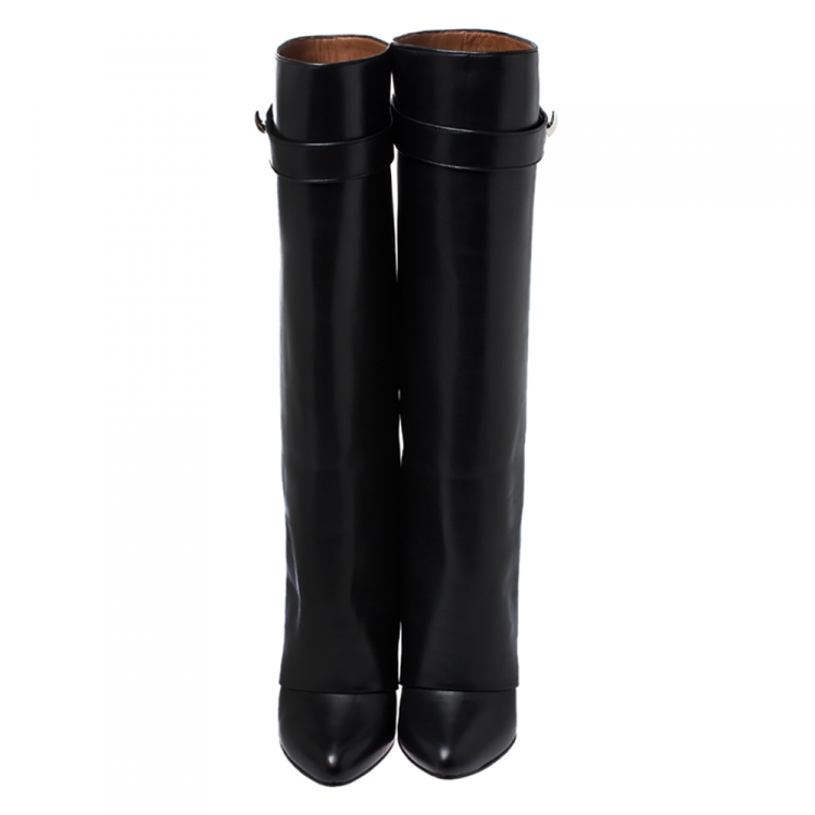 Pre Owned Givenchy Black Leather Shark Lock Wedge Knee High Boots Size 39.5