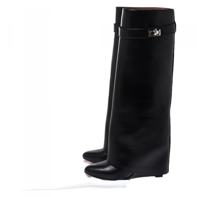 Pre Owned Givenchy Black Leather Shark Lock Wedge Knee High Boots Size 39.5