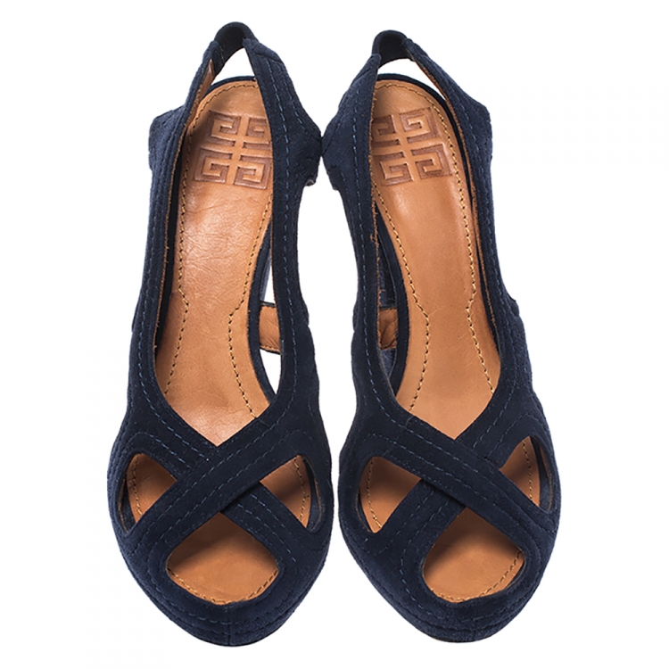 Pre Owned Givenchy Blue Suede Criss Cross Cut Out Slingback Platform Sandals Size 39
