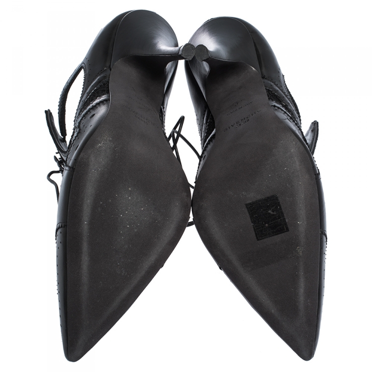 Pre Owned Givenchy Black Leather And Lace Pointed Toe Ankle Booties Size 37
