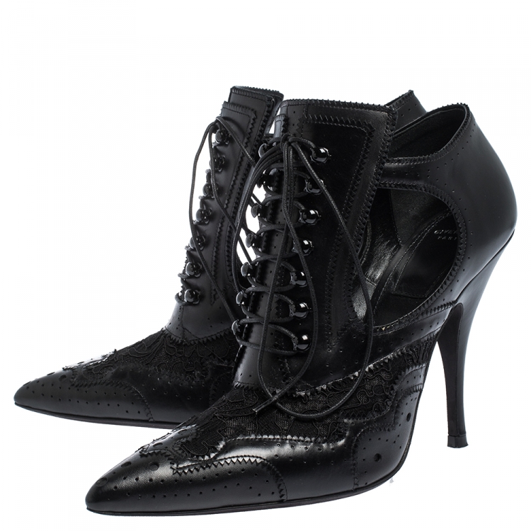 Pre Owned Givenchy Black Leather And Lace Pointed Toe Ankle Booties Size 37