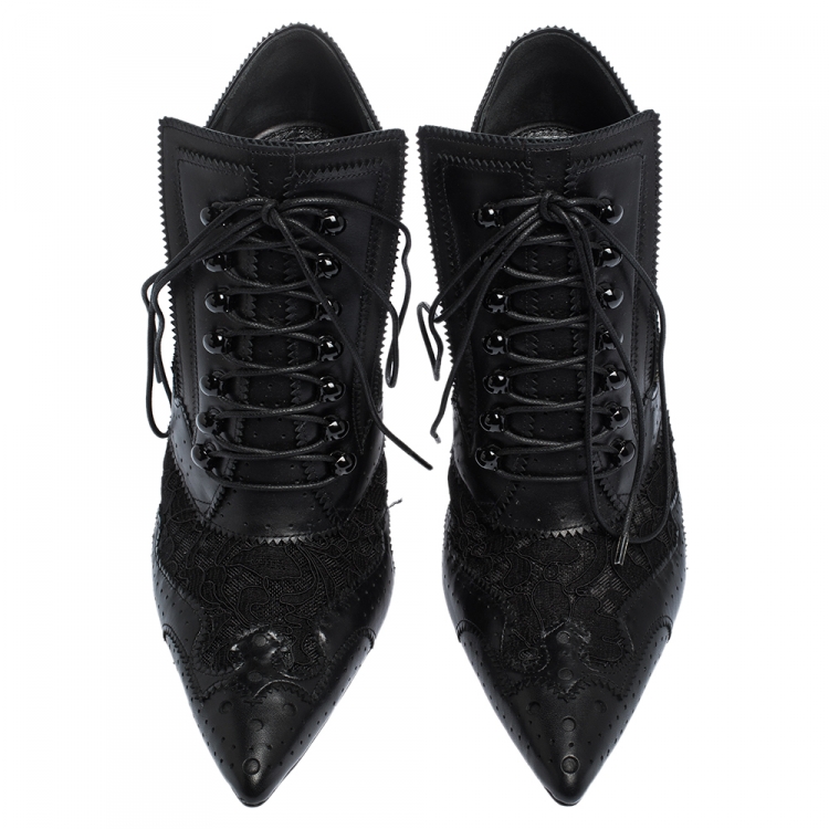 Pre Owned Givenchy Black Leather And Lace Pointed Toe Ankle Booties Size 37
