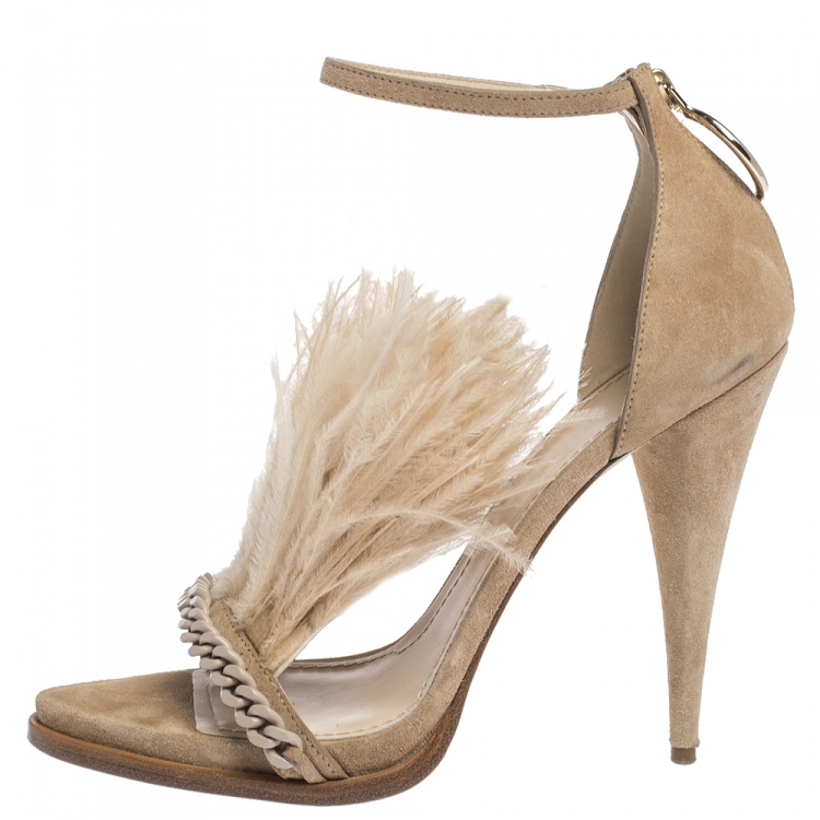 Pre Owned Givenchy Beige Suede Ostrich Feather And Chain Embellished Urania Sandals Size 39.5