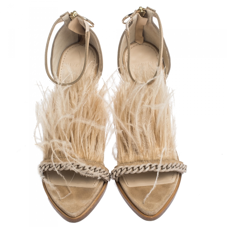 Pre Owned Givenchy Beige Suede Ostrich Feather And Chain Embellished Urania Sandals Size 39.5