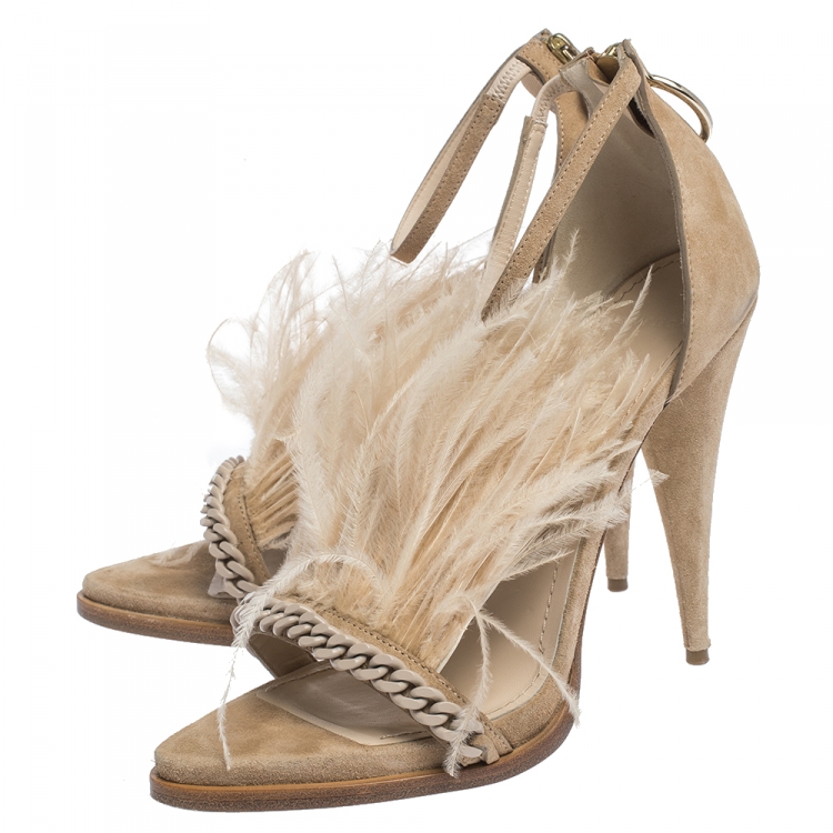 Pre Owned Givenchy Beige Suede Ostrich Feather And Chain Embellished Urania Sandals Size 39.5