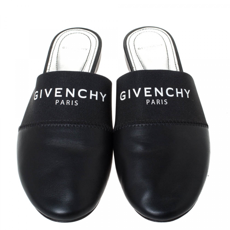 Pre Owned Givenchy Black Leather And Elastic Logo Flat Mules Size 38