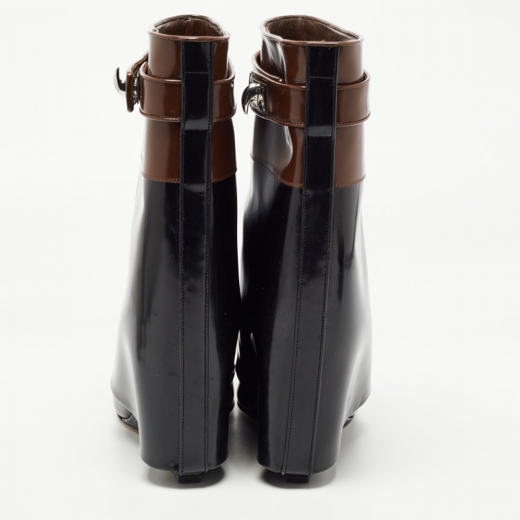 Pre Owned Givenchy Black/Brown Patent Leather Shark Calf Length Boots Size 40
