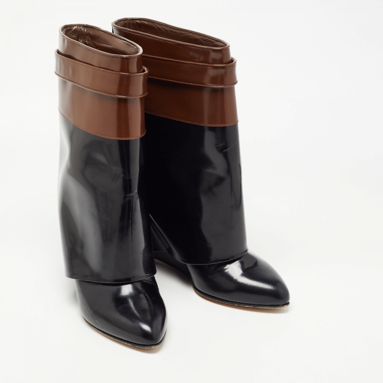 Pre Owned Givenchy Black/Brown Patent Leather Shark Calf Length Boots Size 40