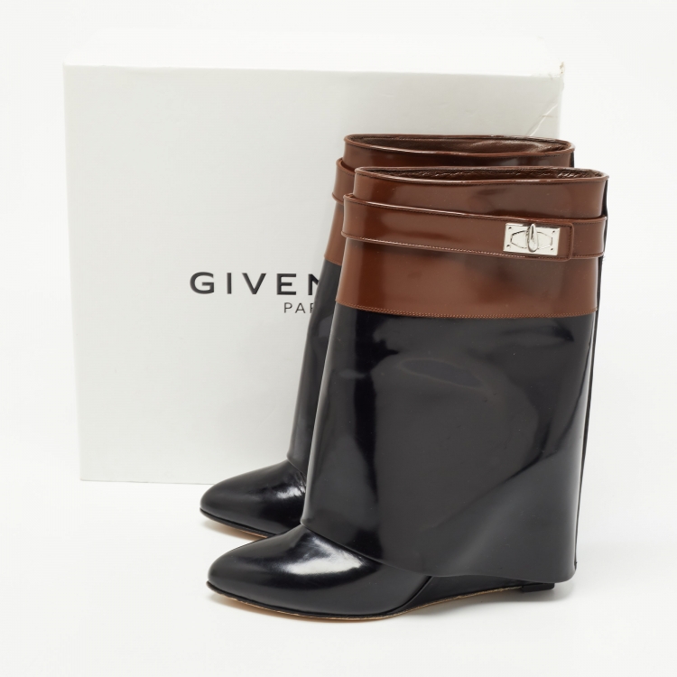 Pre Owned Givenchy Black/Brown Patent Leather Shark Calf Length Boots Size 40