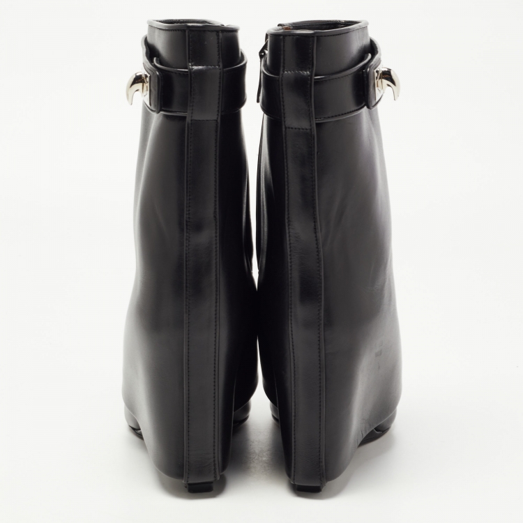 Pre Owned Givenchy Black Leather Shark Lock Wedge Boots Size 37