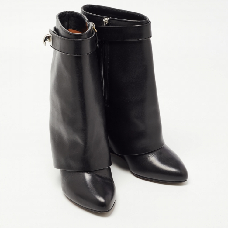 Pre Owned Givenchy Black Leather Shark Lock Wedge Boots Size 37