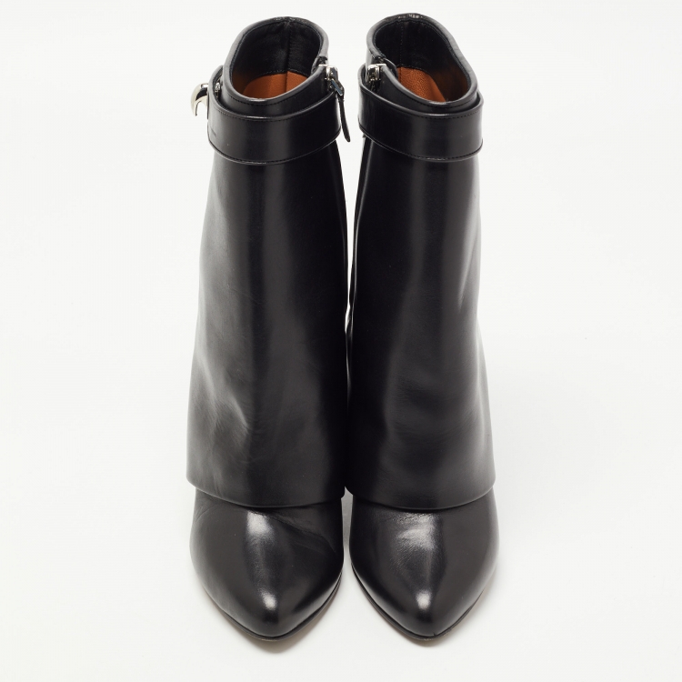 Pre Owned Givenchy Black Leather Shark Lock Wedge Boots Size 37