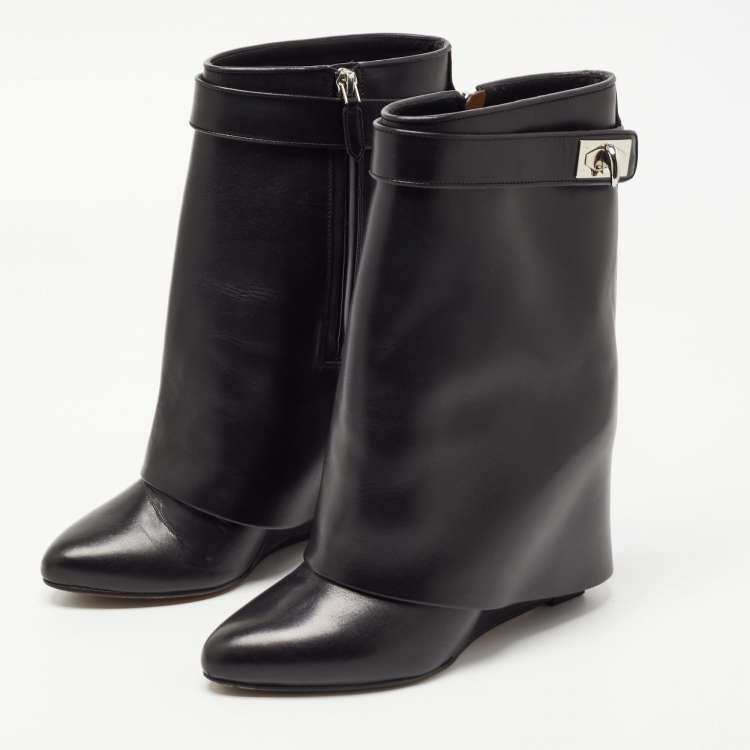 Pre Owned Givenchy Black Leather Shark Lock Wedge Boots Size 37