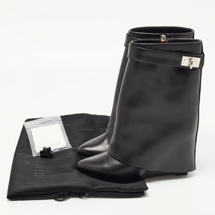 Pre Owned Givenchy Black Leather Shark Lock Wedge Boots Size 37