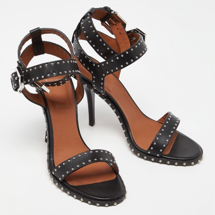 Pre Owned Givenchy Black Leather Studded Ankle Strap Sandals Size 39.5