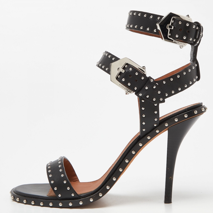 Pre Owned Givenchy Black Leather Studded Ankle Strap Sandals Size 39.5