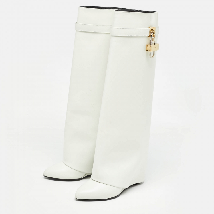 Pre Owned Givenchy White Leather Shark Lock Knee Length Boots Size 40