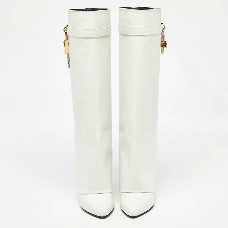 Pre Owned Givenchy White Leather Shark Lock Knee Length Boots Size 40