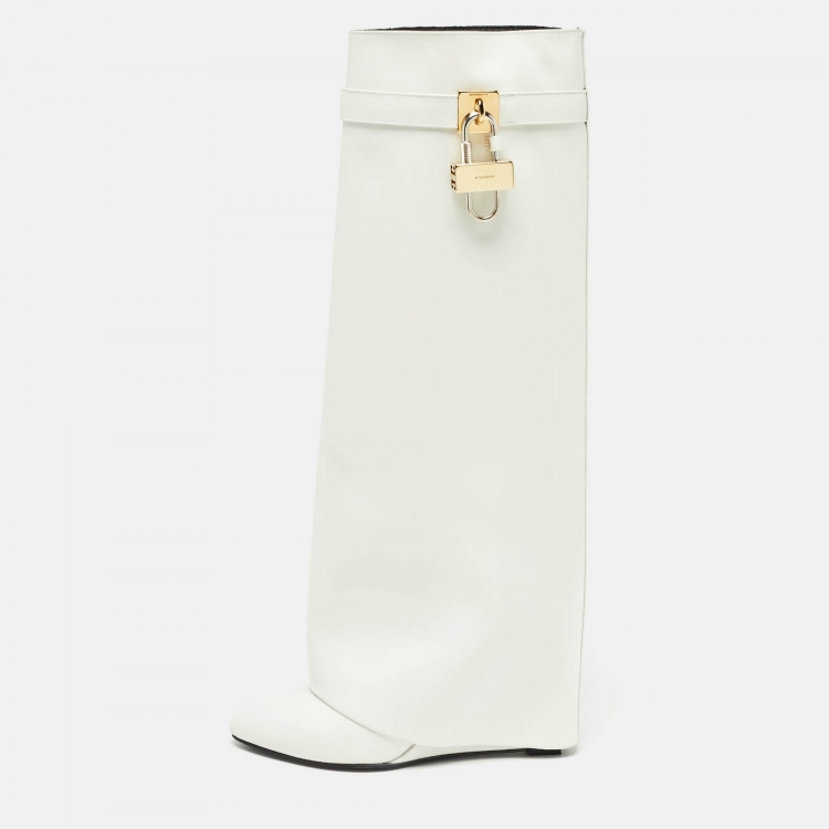 Pre Owned Givenchy White Leather Shark Lock Knee Length Boots Size 40