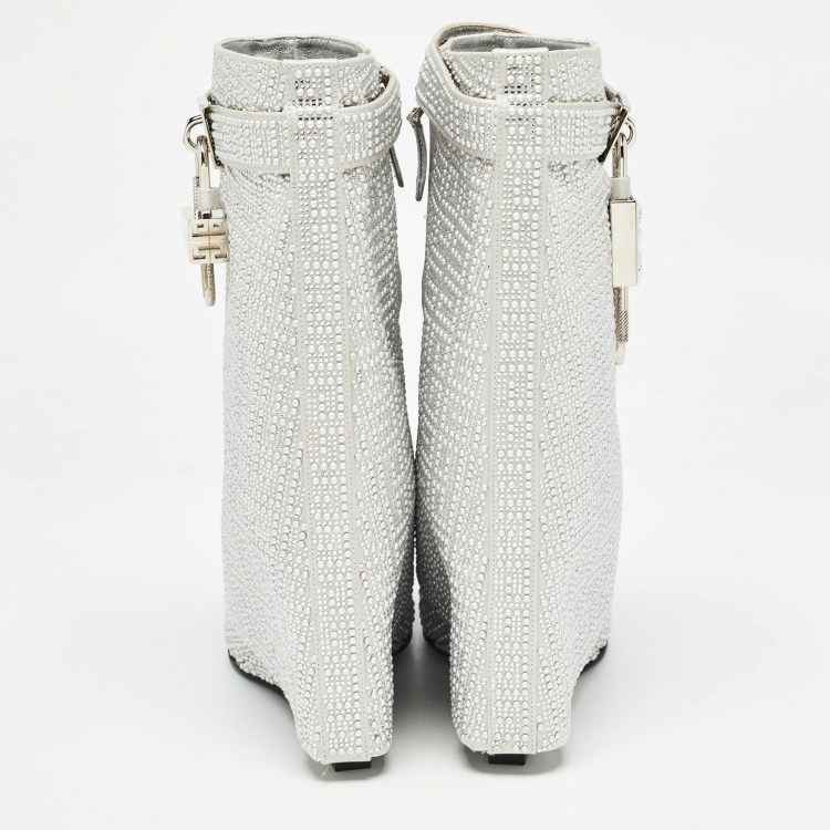 Pre Owned Givenchy Silver Satin Crystal Embellished Shark Lock Ankle Boots Size 40
