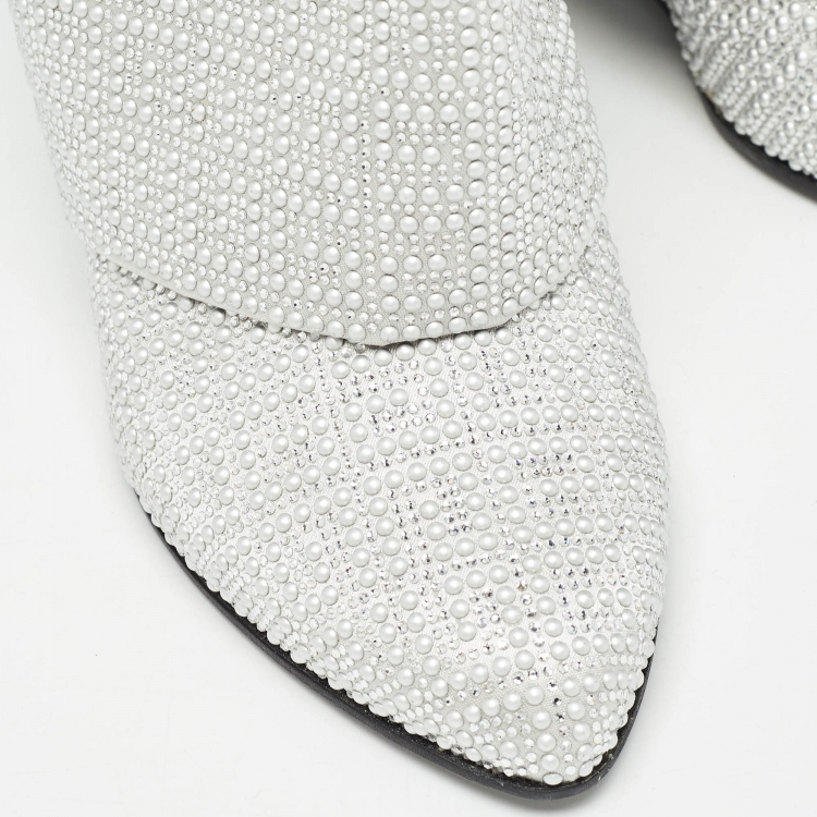 Pre Owned Givenchy Silver Satin Crystal Embellished Shark Lock Ankle Boots Size 40