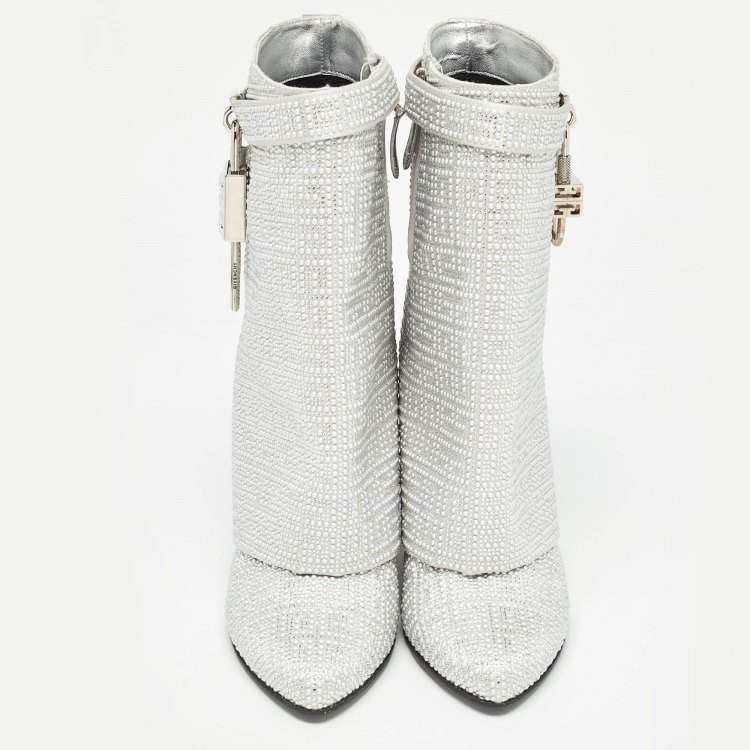Pre Owned Givenchy Silver Satin Crystal Embellished Shark Lock Ankle Boots Size 40