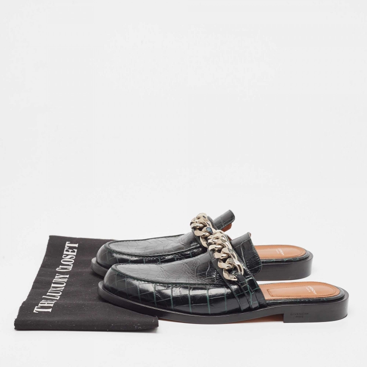 Pre Owned Givenchy Green Croc Embossed  Leather Chain-Link Accents Mules Size 40