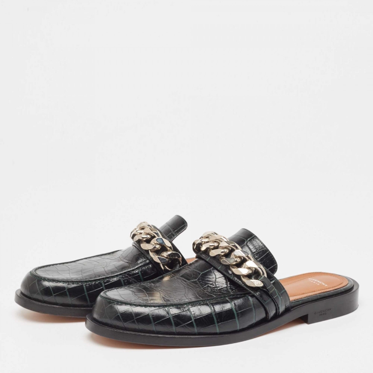 Pre Owned Givenchy Green Croc Embossed  Leather Chain-Link Accents Mules Size 40