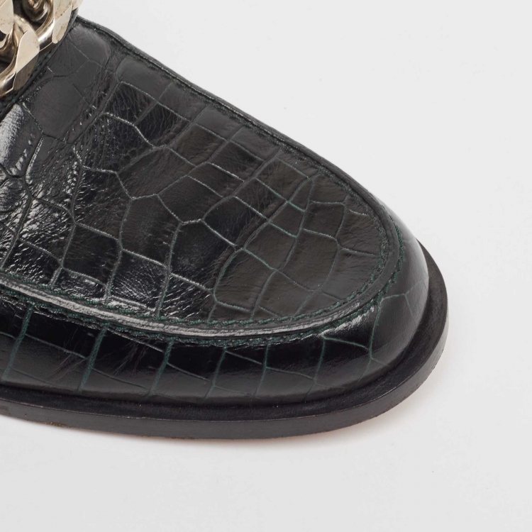 Pre Owned Givenchy Green Croc Embossed  Leather Chain-Link Accents Mules Size 40