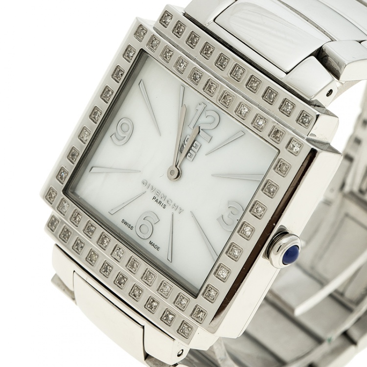 Pre Owned Givenchy White Mother of Pearl Stainless Steel New Apsaras Women's Wristwatch 35 mm