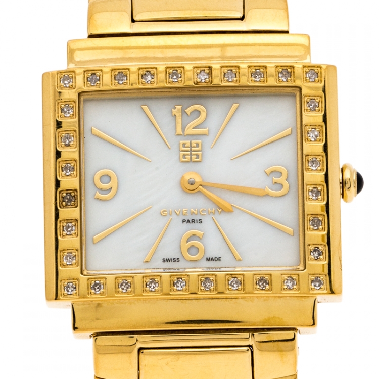 Pre Owned Givenchy Mother of Pearl Gold Plated Stainless Steel Diamonds New Apsaras REG.1558962 Women's Wristwatch 29 mm