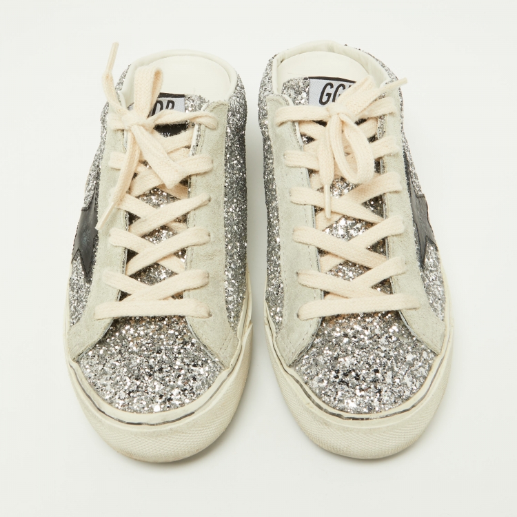 مملوكة مسبقًا Golden Goose Silver Glitter and Suede Super Star Sabot Mule Sneakers Size 37