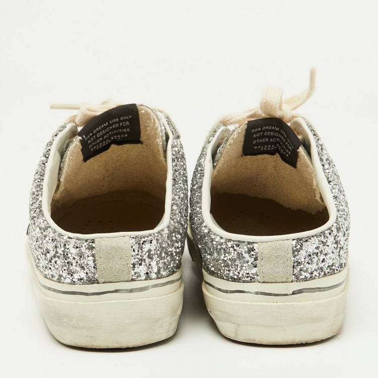 مملوكة مسبقًا Golden Goose Silver Glitter and Suede Super Star Sabot Mule Sneakers Size 37