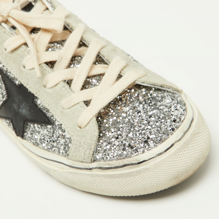 مملوكة مسبقًا Golden Goose Silver Glitter and Suede Super Star Sabot Mule Sneakers Size 37