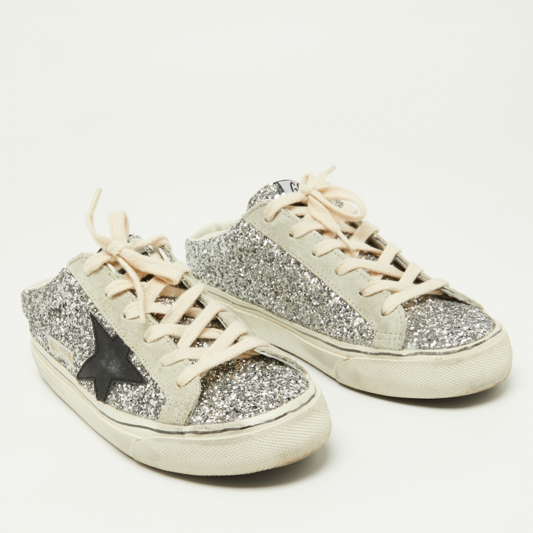 مملوكة مسبقًا Golden Goose Silver Glitter and Suede Super Star Sabot Mule Sneakers Size 37