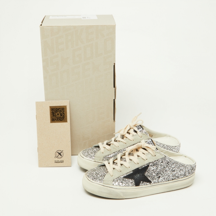 مملوكة مسبقًا Golden Goose Silver Glitter and Suede Super Star Sabot Mule Sneakers Size 37
