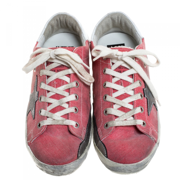 Pre Owned Golden Goose Pink Canvas And Leather Distressed Low Top Sneakers Size 37