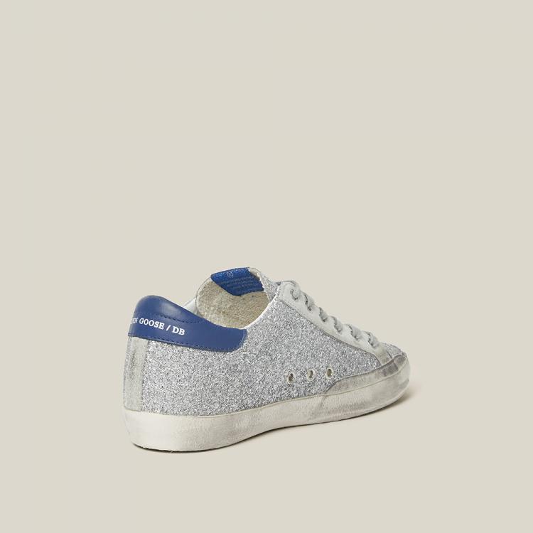 مملوكة مسبقًا Golden Goose Deluxe Brand Metallic Superstar Silver Glitter Navy Tab Leather Sneakers Size IT 35